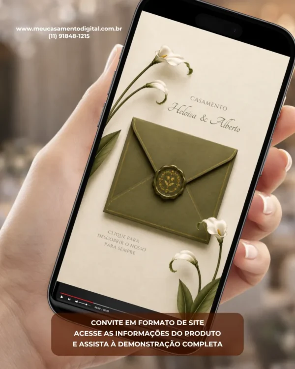 Convite de casamento verde oliva com copo de leite, envelope digital elegante e flores delicadas exibidos na tela de um celular.