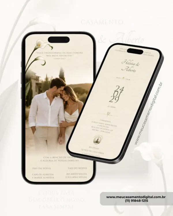 Página interna de convite de casamento verde oliva com copo de leite, apresentando um design digital elegante com detalhes florais delicados.