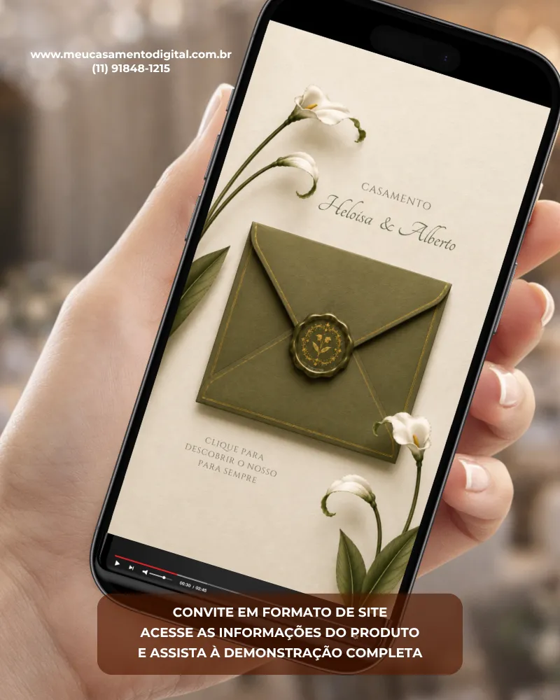Convite de casamento verde oliva com copo de leite, envelope digital elegante e flores delicadas exibidos na tela de um celular.