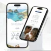 Convite para casamento azul petróleo com fotos página interna exibido em formato digital, mostrando imagens dos noivos, informações do casamento e recursos interativos.