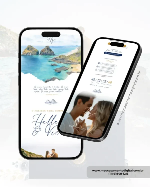 Convite para casamento azul petróleo com fotos página interna exibido em formato digital, mostrando imagens dos noivos, informações do casamento e recursos interativos.