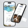 Convite para casamento azul petróleo parte interna exibido em dois celulares, mostrando fotos dos noivos, informações do casamento e recursos interativos.