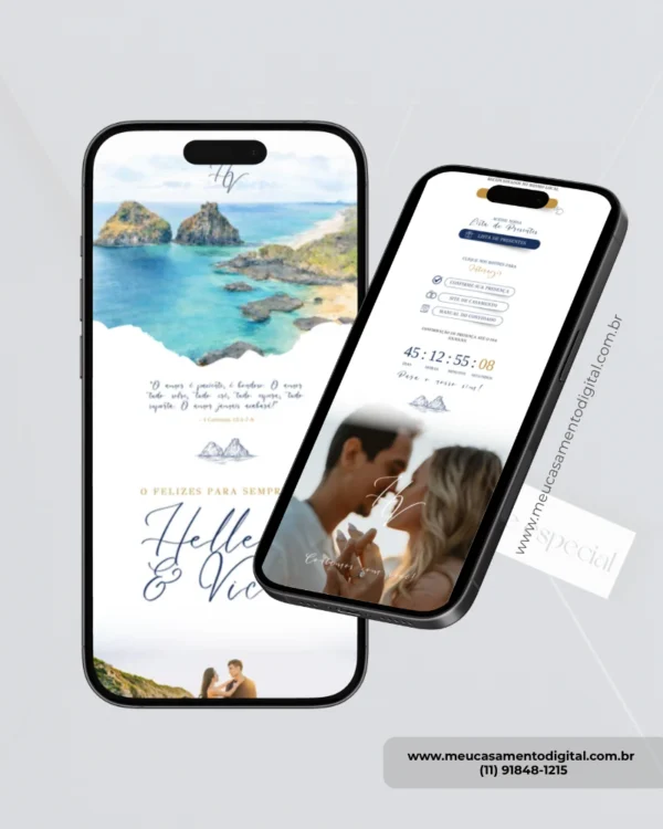 Convite para casamento azul petróleo parte interna exibido em dois celulares, mostrando fotos dos noivos, informações do casamento e recursos interativos.