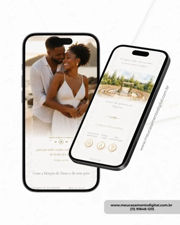 Página interna de convite para casamento branco em formato digital, exibida em dois celulares, com foto dos noivos, informações do casamento e botões interativos.