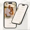 Página interna de convite para casamento com fotos, exibida em dois celulares, com imagem dos noivos, informações do casamento e botões interativos.