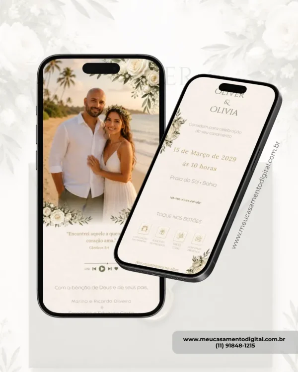 Página interna de convite para casamento com fotos, exibida em dois celulares, com imagem dos noivos, informações do casamento e botões interativos.