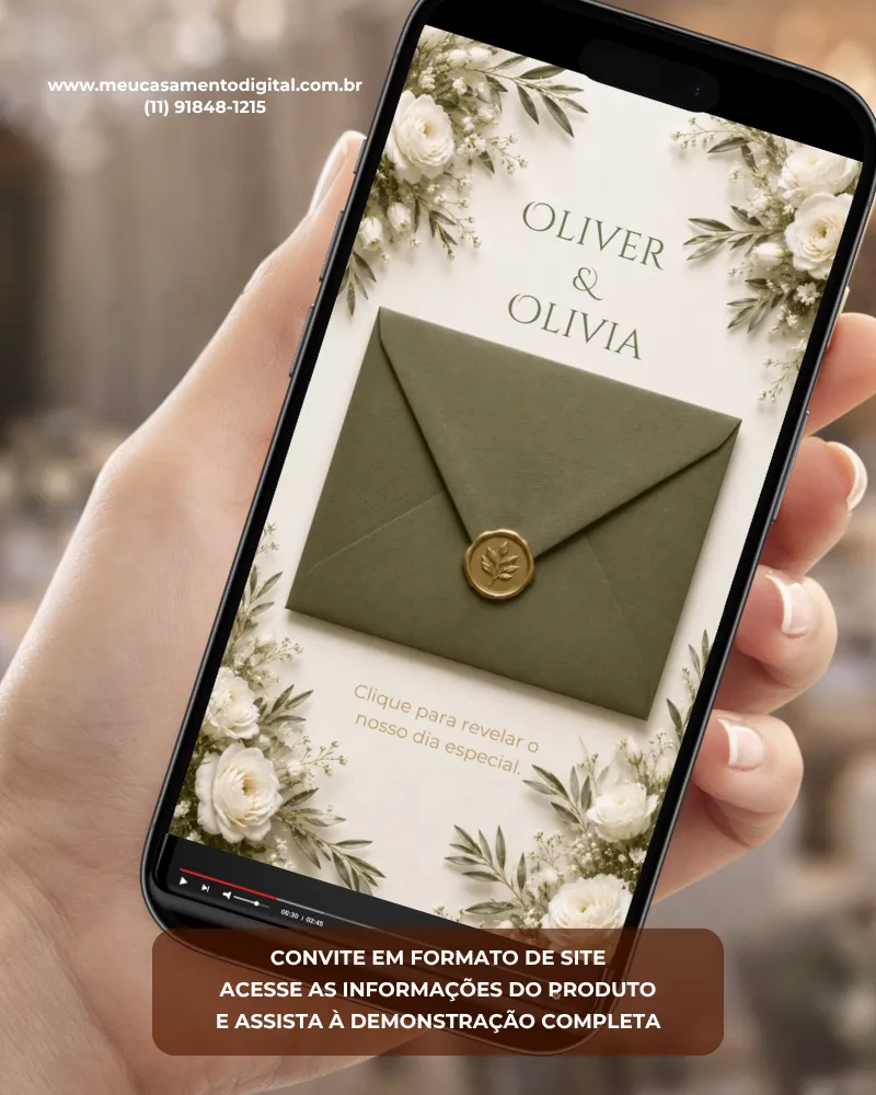 Convite para casamento com fotos em formato digital, exibido na tela de um celular, com envelope verde oliva, flores brancas e espaço para foto dos noivos.