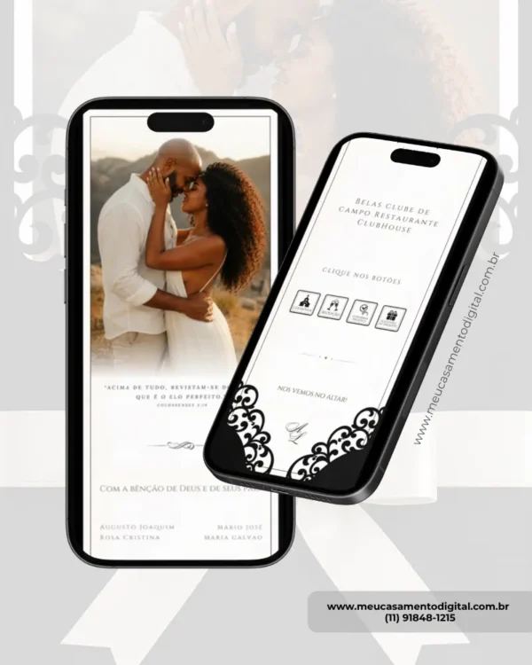 Página interna de convite para casamento preto com fotos, design digital elegante, detalhes ornamentais e informações do evento.