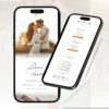 Modelo de convite de casamento branco parte interna exibido em dois celulares, mostrando a foto dos noivos e as informações do casamento.