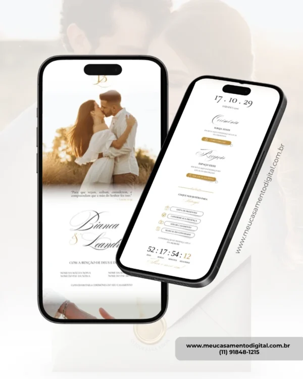 Modelo de convite de casamento branco parte interna exibido em dois celulares, mostrando a foto dos noivos e as informações do casamento.