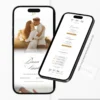 Modelo de convite de casamento clássico branco parte interna exibido em celular, mostrando informações da cerimônia, confirmação de presença e detalhes do casamento.