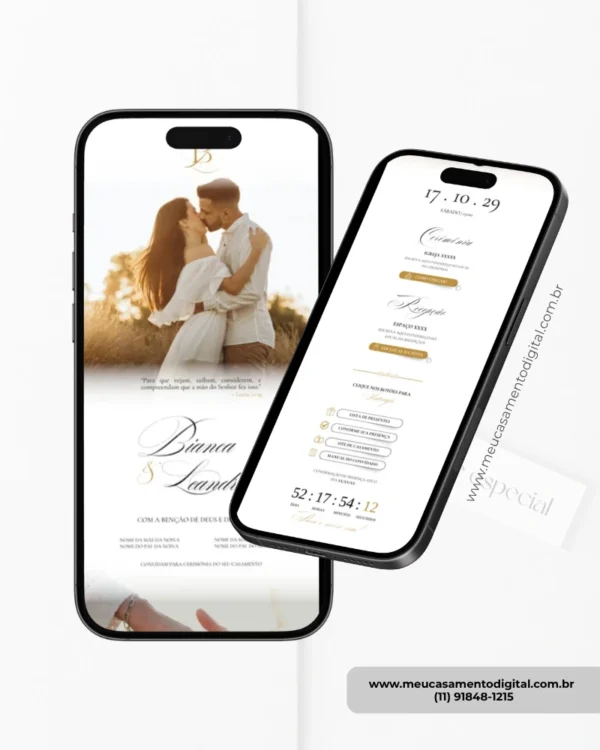 Modelo de convite de casamento clássico branco parte interna exibido em celular, mostrando informações da cerimônia, confirmação de presença e detalhes do casamento.