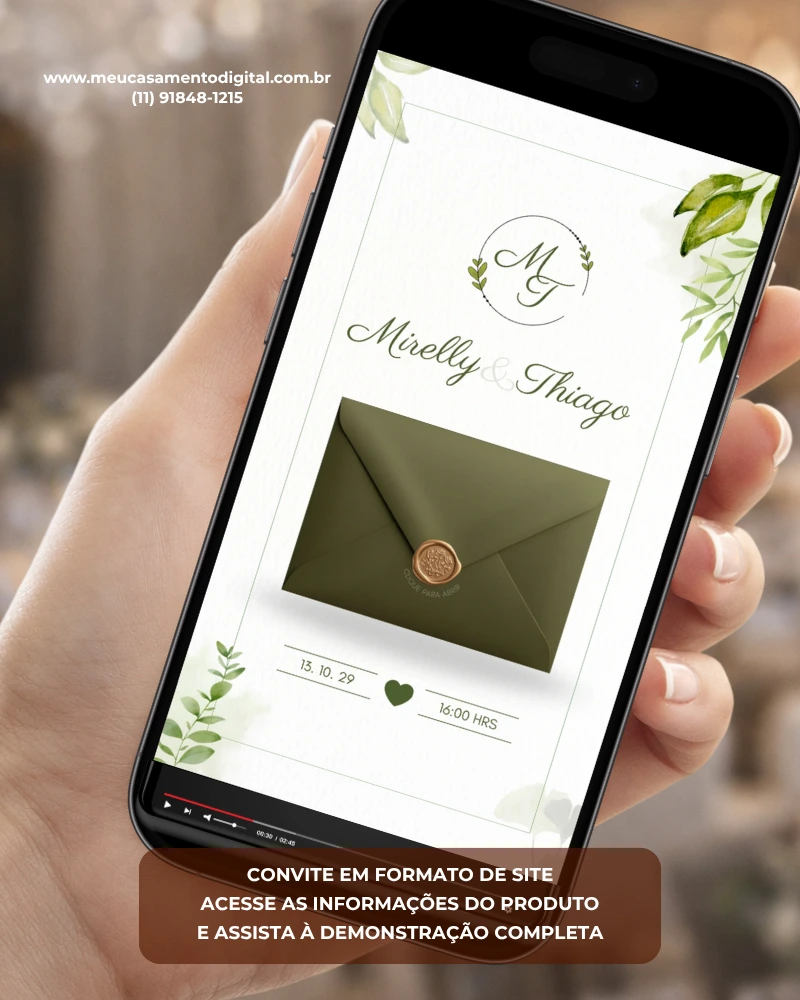 Modelo de convite para casamento verde oliva exibido em um celular, com envelope elegante, monograma dos noivos e elementos em aquarela digital.